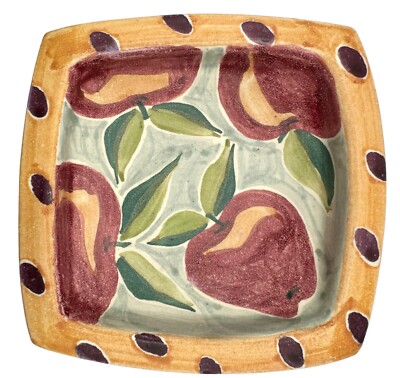 Signed Studio Art Pottery Dish Bowl Trinket Apple Fruit Hand Painted Square 6.5”-image