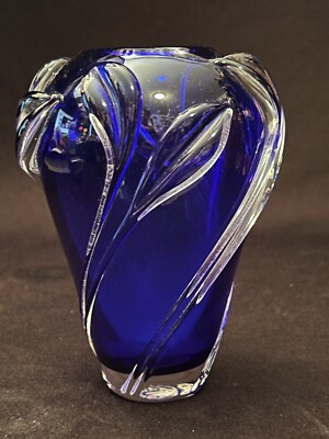 Vintage William Glasner Studio Art Glass Cobalt Blue & Clear Glass Leaf Vase -image