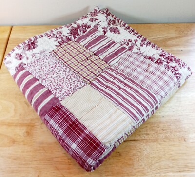 Pottery Barn Quilted Pillow Cover Sham Red Tan White Floral Plaid Tie Close EUC-image