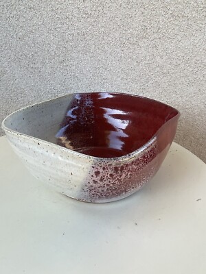 Vtg Bowl 90s studio Art pottery large  grey Square burgundy signed-image