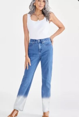 Style & Co Dip Dyed Natural High Rise Straight Leg Jeans Size 18 Blue Stretch-image