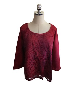 Loft Top Women's Size XL Custom Red Dip Dye Lace Cotton Long Sleeve Blouse Shirt-image