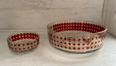 Retro MCM Vintage Red & Gold Chip & Dip Set. Large And Small Bowls. Heavy Glass-image