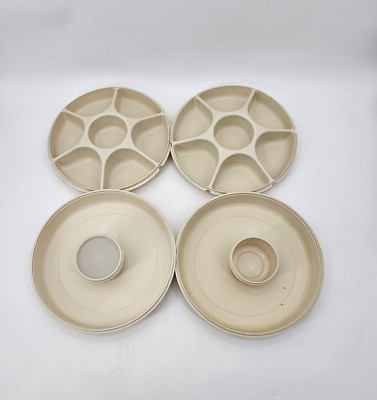 Vintage Tupperware Divided Veggie Snack Serving Tray Dip Bowl Lids Almond Beige-image