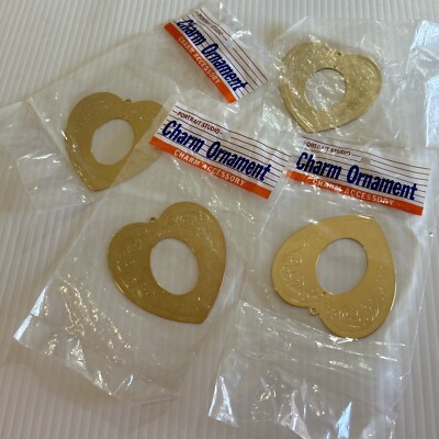 Set of 4 Vintage Sears Portrait Studio Gold/Brass Heart Shaped Charm Ornament 3