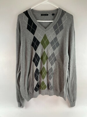 Van Heusen Studio Sweater Women's Size XXL Gray V-Neck Long Slv Diamond Pattern-image