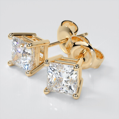2Ct 14K YELLOW GOLD PRINCESS CUT STUD EARRINGS SIMULATED DIAMONDS VS 1 - G COLOR-image