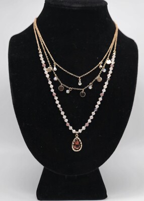 Avon Studio 1886 3-Tier Necklace, Gold Tone, Beaded, Glass Pendant, Adjustable-image