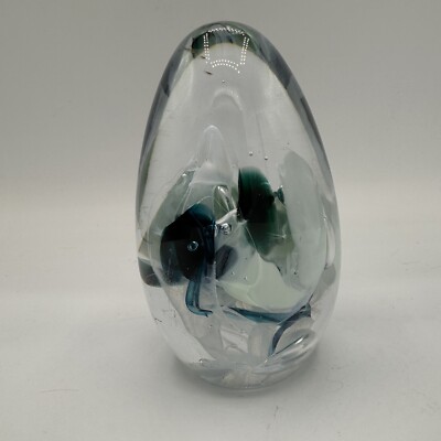 Studio Art Glass Egg Paperweight Signed Vintage 90s Multicolor Blue Green White-image
