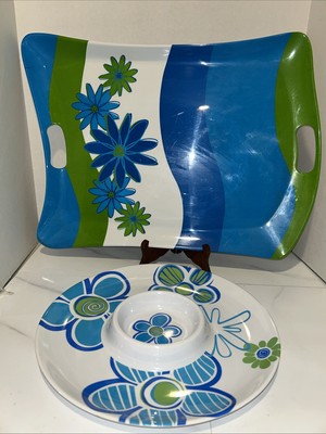 MCM Melamine Blue, Green & White Serving Tray With Handles Plus  Chip & Dip Tray-image