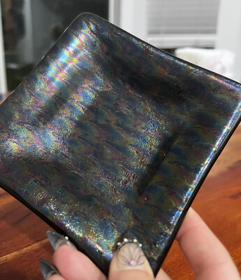 Studio Dichroic Fused Gold Blue Iridescent Art Glass Square Dish Brushed-image
