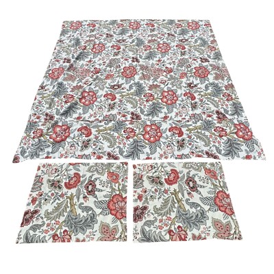 Pottery Barn Brick Red Gray Jacobean Floral Linen Blend F/Q Duvet Cover 2 shams-image