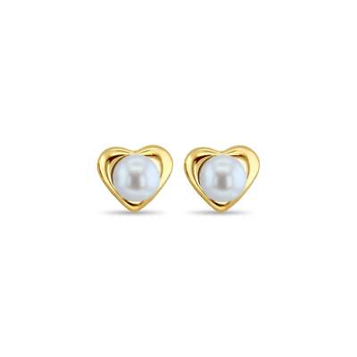 Heart Shaped Pearl Studs 14k yellow gold - gift for her-image
