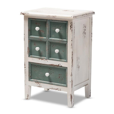 Baxton Studio Angeline Farmhouse 5-Drawer Wood End Table in White and Teal-image
