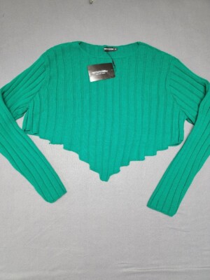 NWT~Pretty Little Thing XXL Cropped Cable Knit Dip Hem Sweater Green-image