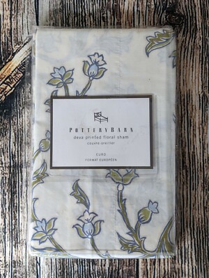Pottery Barn Pillow Sham Deva Printed Floral Euro Cream Blue Green Cotton NWT-image