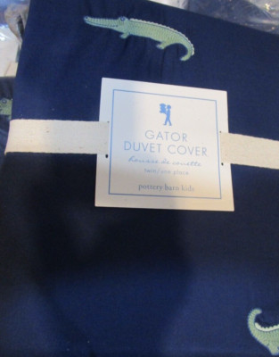 Pottery Barn Kids navy blue embroidered gator alligator duvet twin New w tag-image