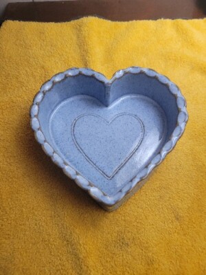Studio Pottery Blue & Cream Handmade Heart Shaped Mixing Serving Bowl Signed CB-image
