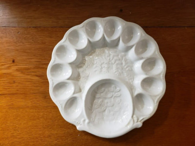 Vintage California Pottery Round Deviled 12 Egg, Dip and Cracker Tray Platter-image