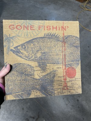 Studio Demdaco Dockside Tim Coffey 2014 Burlap Gone Fishin Sign Wall Hanging-image