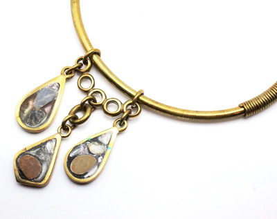 Vintage Fused Dichroic Glass Brass Studio Modernist 80's Dangle Necklace-image