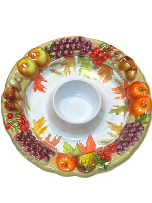 5 American Greetings Autumn Harvest 13” Chip N Dip Bowls Hard Plastic Holiday-image