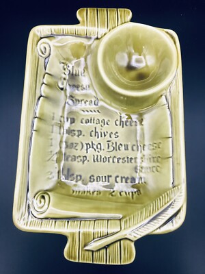 Mid-Century Modern Avocado Green Glazed Ceramic Tray for Blue Cheese Dip&Veggies-image