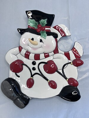 Fitz and Floyd 2006 Classics Cheers Ceramic Snowman Chip & Dip Lights 12