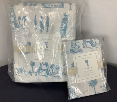 New  Pottery Barn Kids Blue Pricilla Paris Madeline FULL Sheet SET 3 PILLOW CASE-image