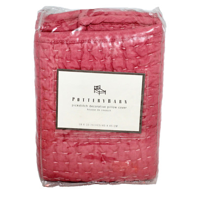 POTTERY BARN Pickstitch Decorative Pillow Cover Red Cotton Linen 18 x 18-image