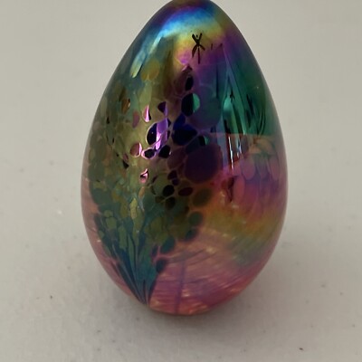 Glass Eye Studio GES 96 Signed Iridescent Egg Shaped Paperweight Floral Design-image